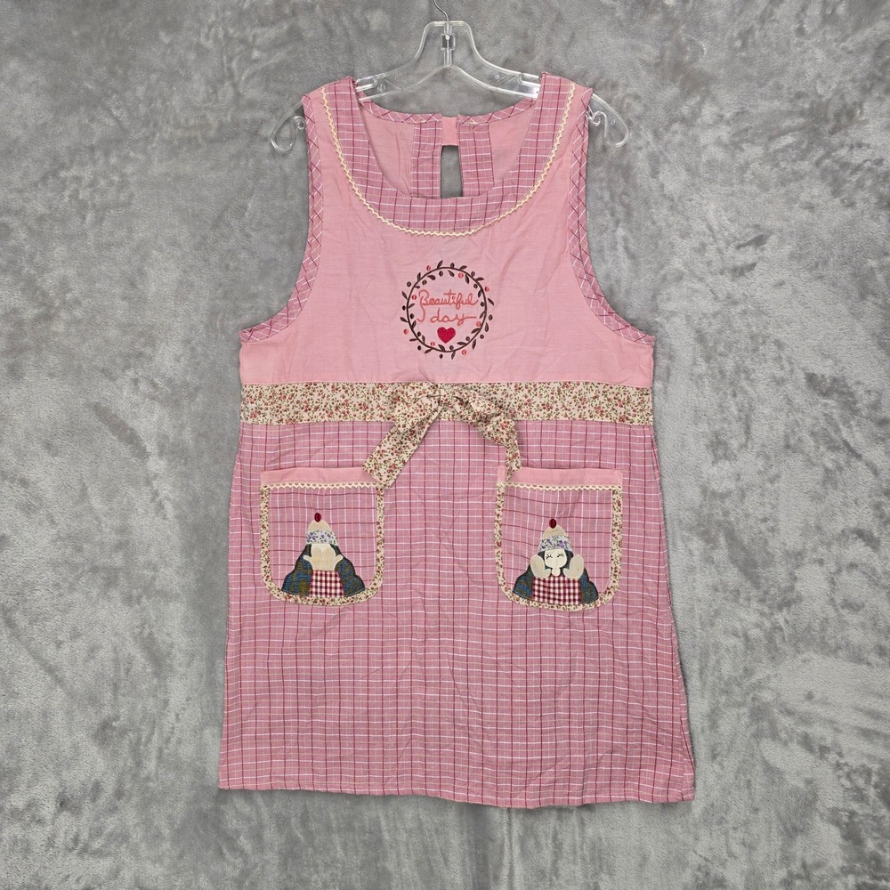 KC Trading Co Apron Women One Size Pink Gingham Embroidered Beautiful Day Kawaii - Picture 5 of 16